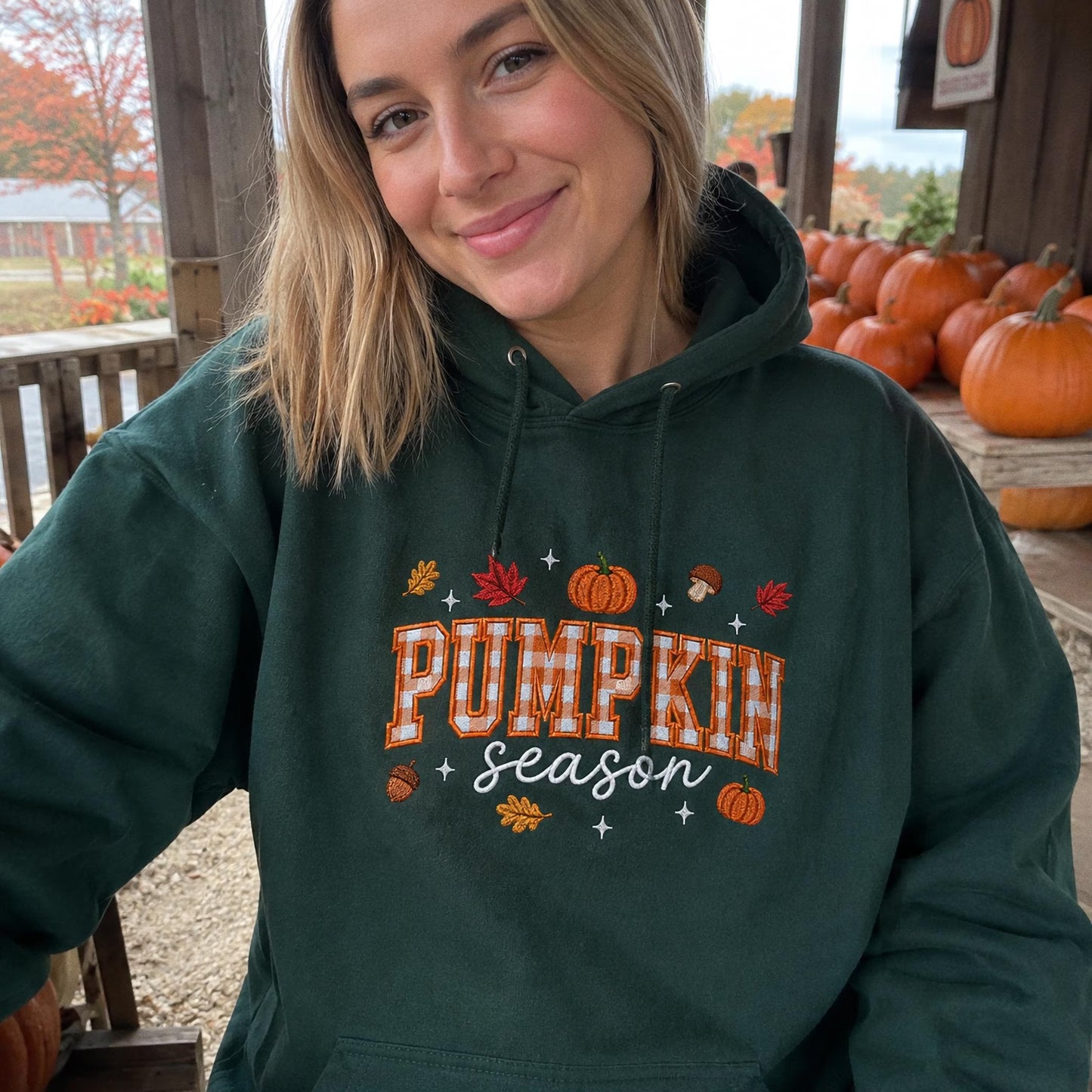 Pumpkin Season Embroidered Sweatshirt, Fall Gingham Applique Crewneck, Cottagecore Autumn Pullover, Cozy Thanksgiving Shirt