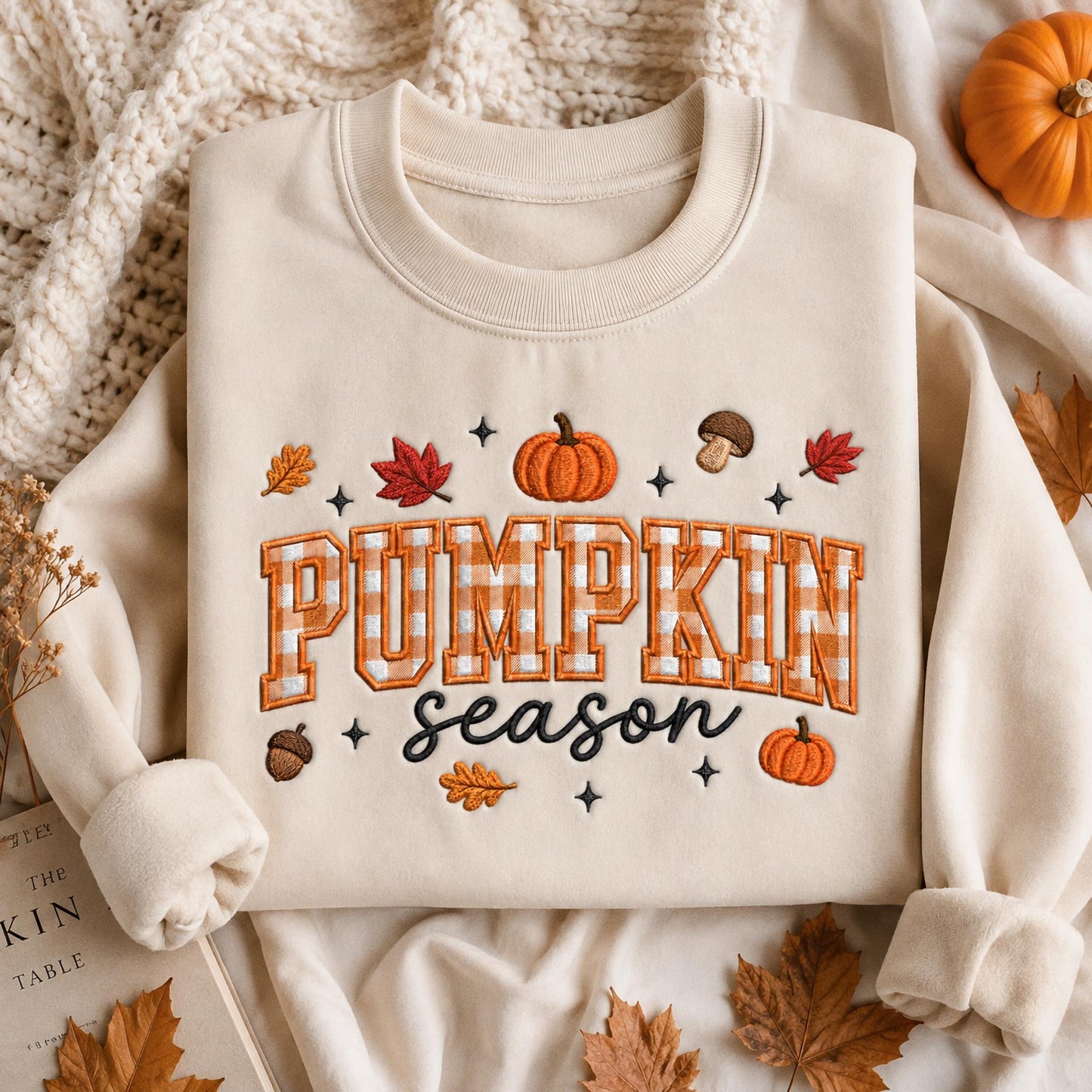 Pumpkin Season Embroidered Sweatshirt, Fall Gingham Applique Crewneck, Cottagecore Autumn Pullover, Cozy Thanksgiving Shirt