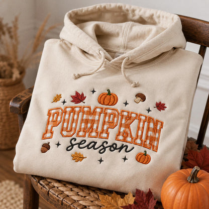 Pumpkin Season Embroidered Sweatshirt, Fall Gingham Applique Crewneck, Cottagecore Autumn Pullover, Cozy Thanksgiving Shirt