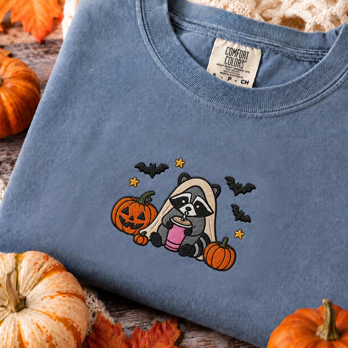 Raccoon Halloween Shirt, Embroidered Spooky Raccoon Tee, Cute Fall Animal Shirt, Ghost Raccoon Gift, Halloween Party Outfit