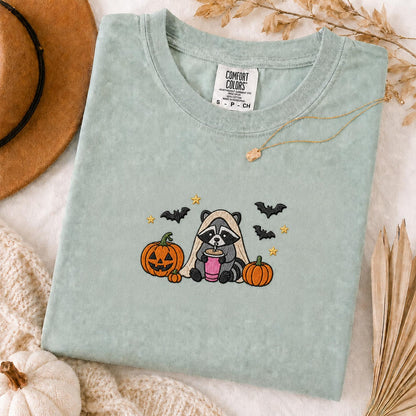 Raccoon Halloween Shirt, Embroidered Spooky Raccoon Tee, Cute Fall Animal Shirt, Ghost Raccoon Gift, Halloween Party Outfit
