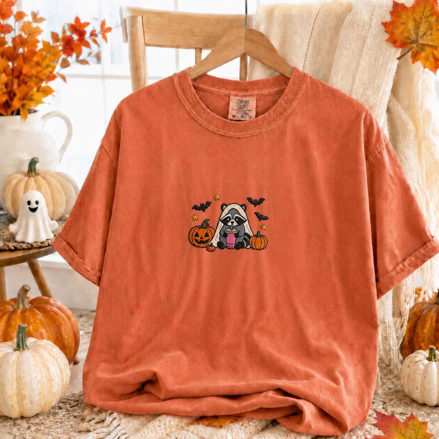 Raccoon Halloween Shirt, Embroidered Spooky Raccoon Tee, Cute Fall Animal Shirt, Ghost Raccoon Gift, Halloween Party Outfit
