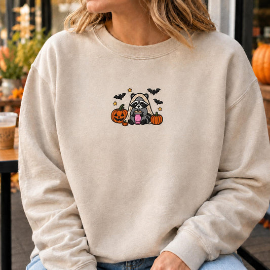 Raccoon Halloween Shirt, Embroidered Spooky Raccoon Sweatshirt, Cute Fall Animal Hoodie, Ghost Raccoon Gift, Halloween Party Outfit