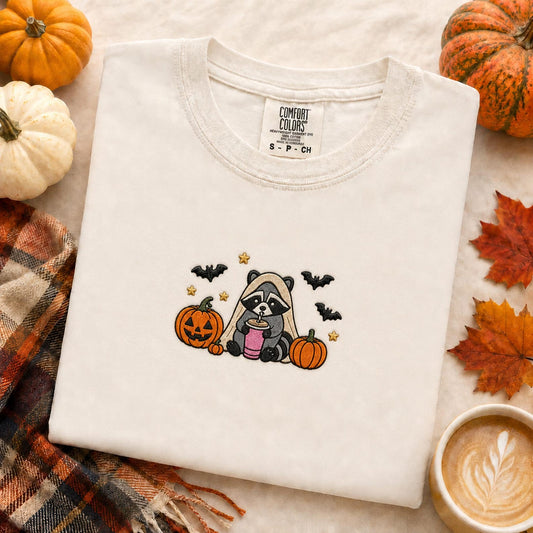 Raccoon Halloween Shirt, Embroidered Spooky Raccoon Tee, Cute Fall Animal Shirt, Ghost Raccoon Gift, Halloween Party Outfit