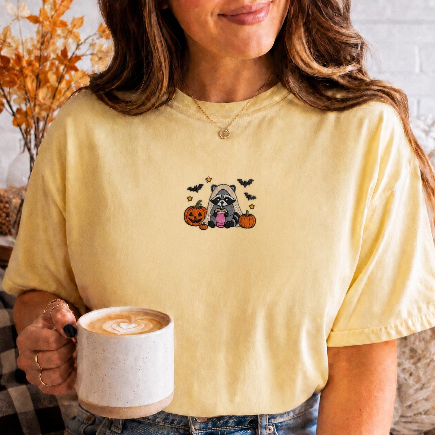 Raccoon Halloween Shirt, Embroidered Spooky Raccoon Tee, Cute Fall Animal Shirt, Ghost Raccoon Gift, Halloween Party Outfit