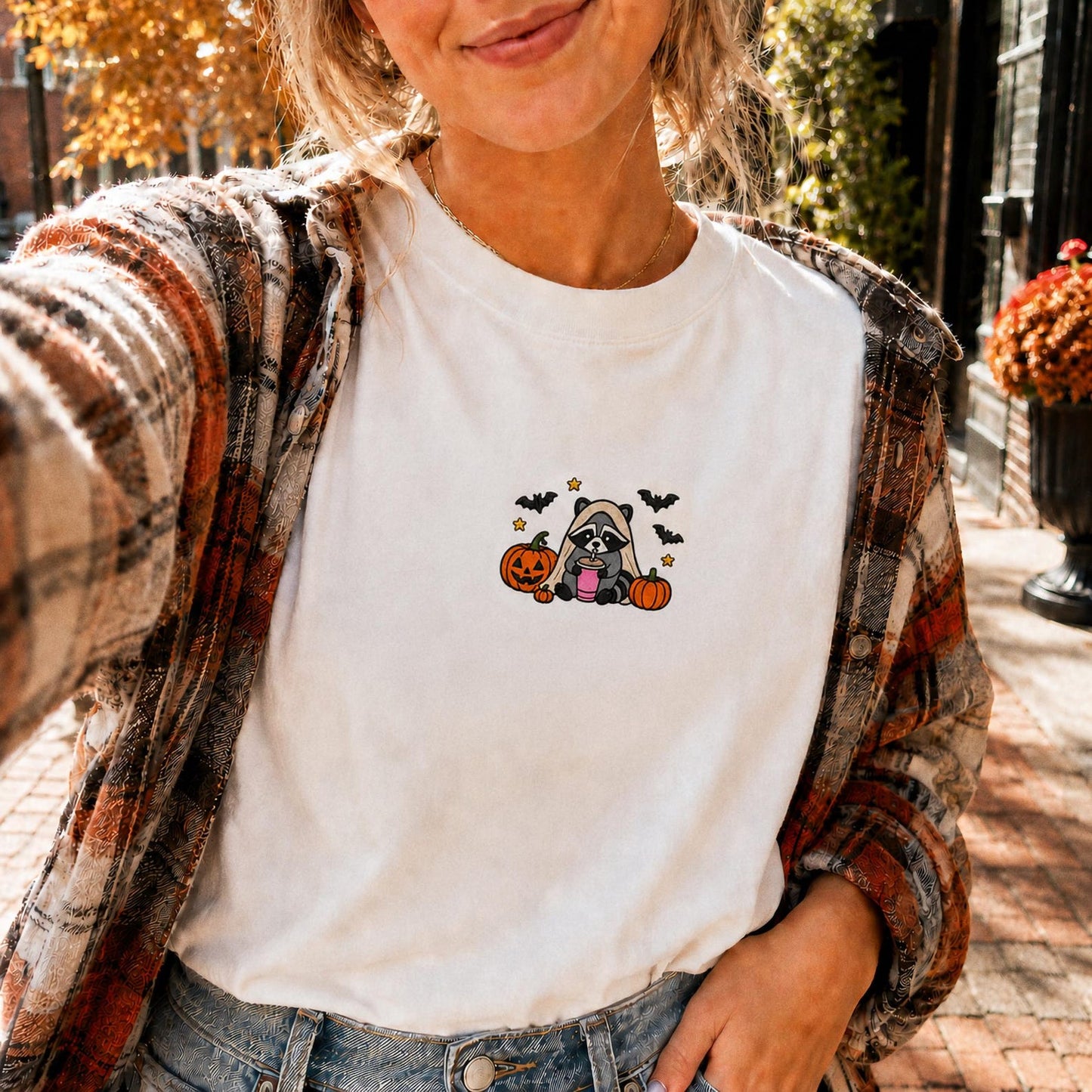 Raccoon Halloween Shirt, Embroidered Spooky Raccoon Tee, Cute Fall Animal Shirt, Ghost Raccoon Gift, Halloween Party Outfit