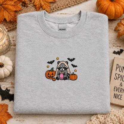Raccoon Halloween Shirt, Embroidered Spooky Raccoon Sweatshirt, Cute Fall Animal Hoodie, Ghost Raccoon Gift, Halloween Party Outfit