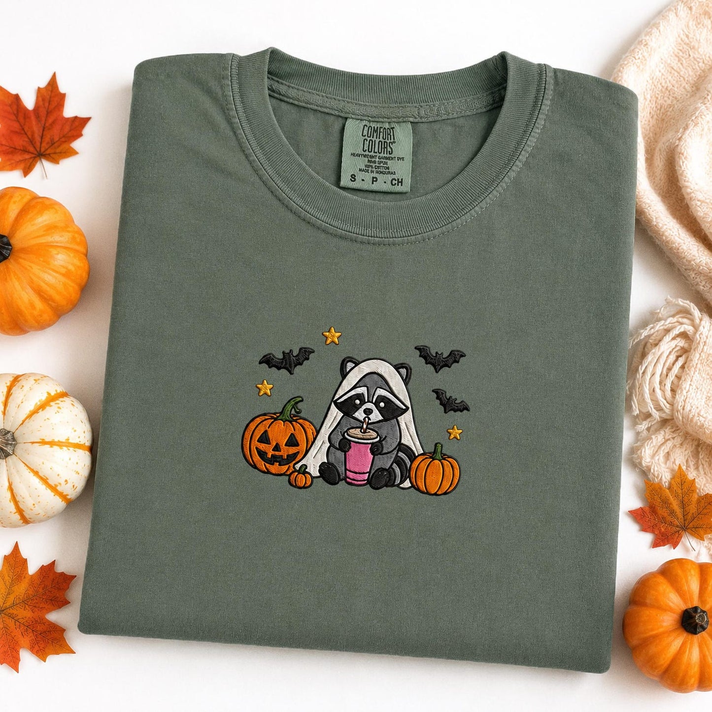 Raccoon Halloween Shirt, Embroidered Spooky Raccoon Tee, Cute Fall Animal Shirt, Ghost Raccoon Gift, Halloween Party Outfit