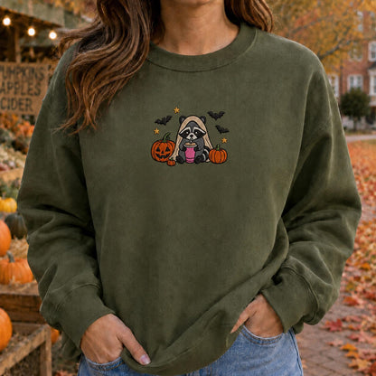 Raccoon Halloween Shirt, Embroidered Spooky Raccoon Sweatshirt, Cute Fall Animal Hoodie, Ghost Raccoon Gift, Halloween Party Outfit