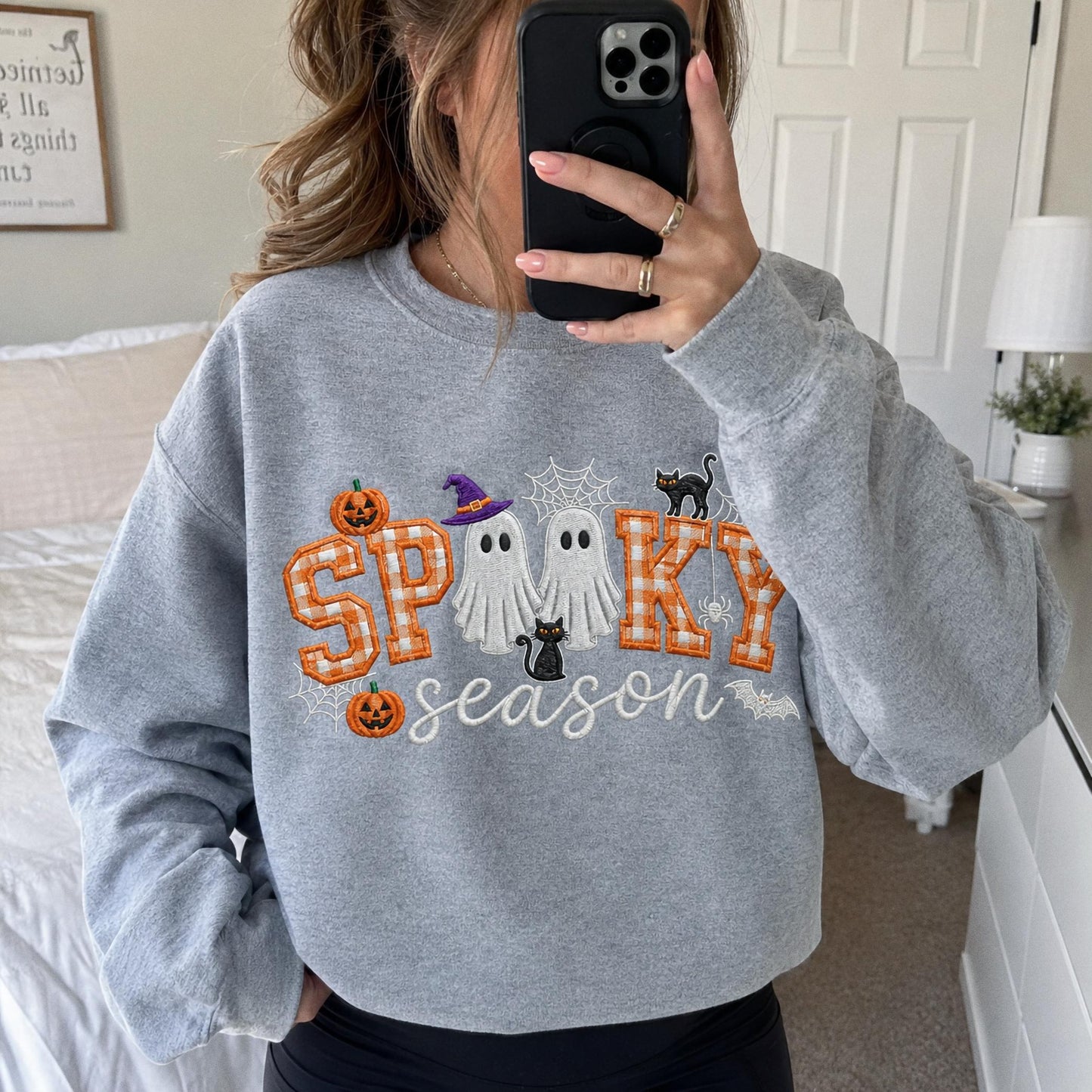 Spooky Season Embroidered Sweatshirt, Coquette Halloween Crewneck, Cute Ghost Cat Shirt, Cozy Fall Lover Gift, Witchy Aesthetic Hoodie