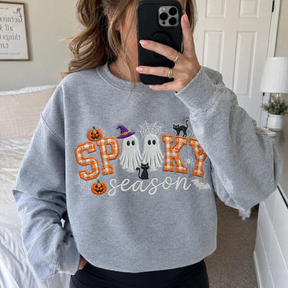 Spooky Season Embroidered Sweatshirt, Coquette Halloween Crewneck, Cute Ghost Cat Shirt, Cozy Fall Lover Gift, Witchy Aesthetic Hoodie