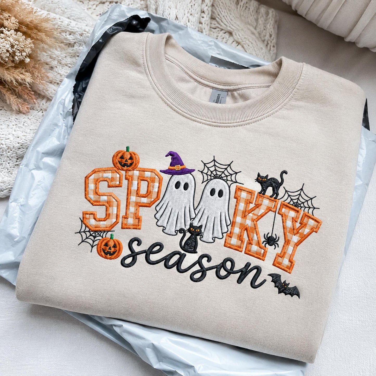 Spooky Season Embroidered Sweatshirt, Coquette Halloween Crewneck, Cute Ghost Cat Shirt, Cozy Fall Lover Gift, Witchy Aesthetic Hoodie