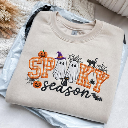 Spooky Season Embroidered Sweatshirt, Coquette Halloween Crewneck, Cute Ghost Cat Shirt, Cozy Fall Lover Gift, Witchy Aesthetic Hoodie