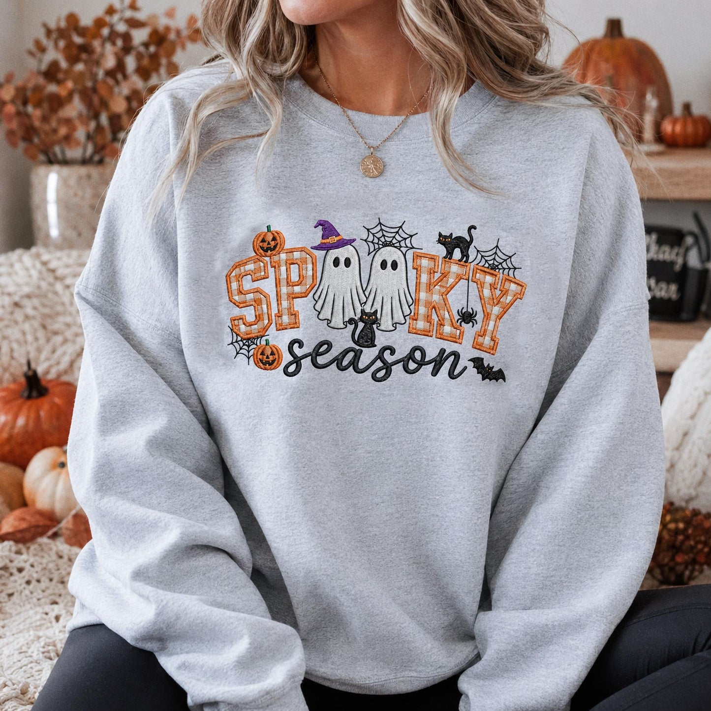 Spooky Season Embroidered Sweatshirt, Coquette Halloween Crewneck, Cute Ghost Cat Shirt, Cozy Fall Lover Gift, Witchy Aesthetic Hoodie