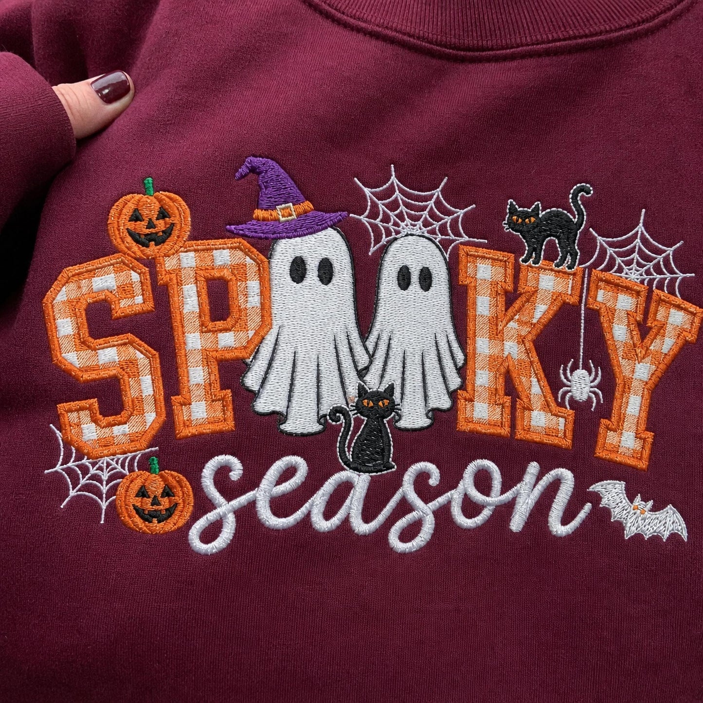 Spooky Season Embroidered Sweatshirt, Coquette Halloween Crewneck, Cute Ghost Cat Shirt, Cozy Fall Lover Gift, Witchy Aesthetic Hoodie
