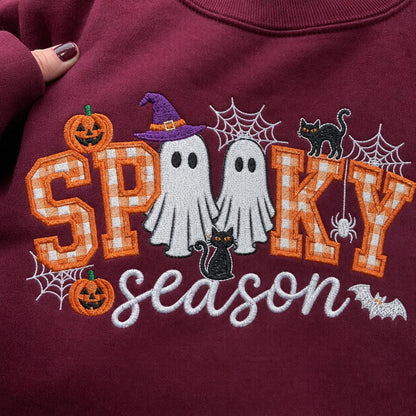 Spooky Season Embroidered Sweatshirt, Coquette Halloween Crewneck, Cute Ghost Cat Shirt, Cozy Fall Lover Gift, Witchy Aesthetic Hoodie