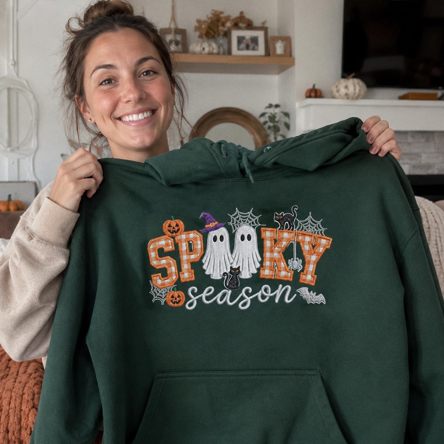 Spooky Season Embroidered Sweatshirt, Coquette Halloween Crewneck, Cute Ghost Cat Shirt, Cozy Fall Lover Gift, Witchy Aesthetic Hoodie