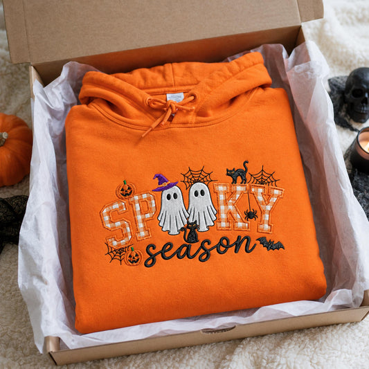 Spooky Season Embroidered Sweatshirt, Coquette Halloween Crewneck, Cute Ghost Cat Shirt, Cozy Fall Lover Gift, Witchy Aesthetic Hoodie
