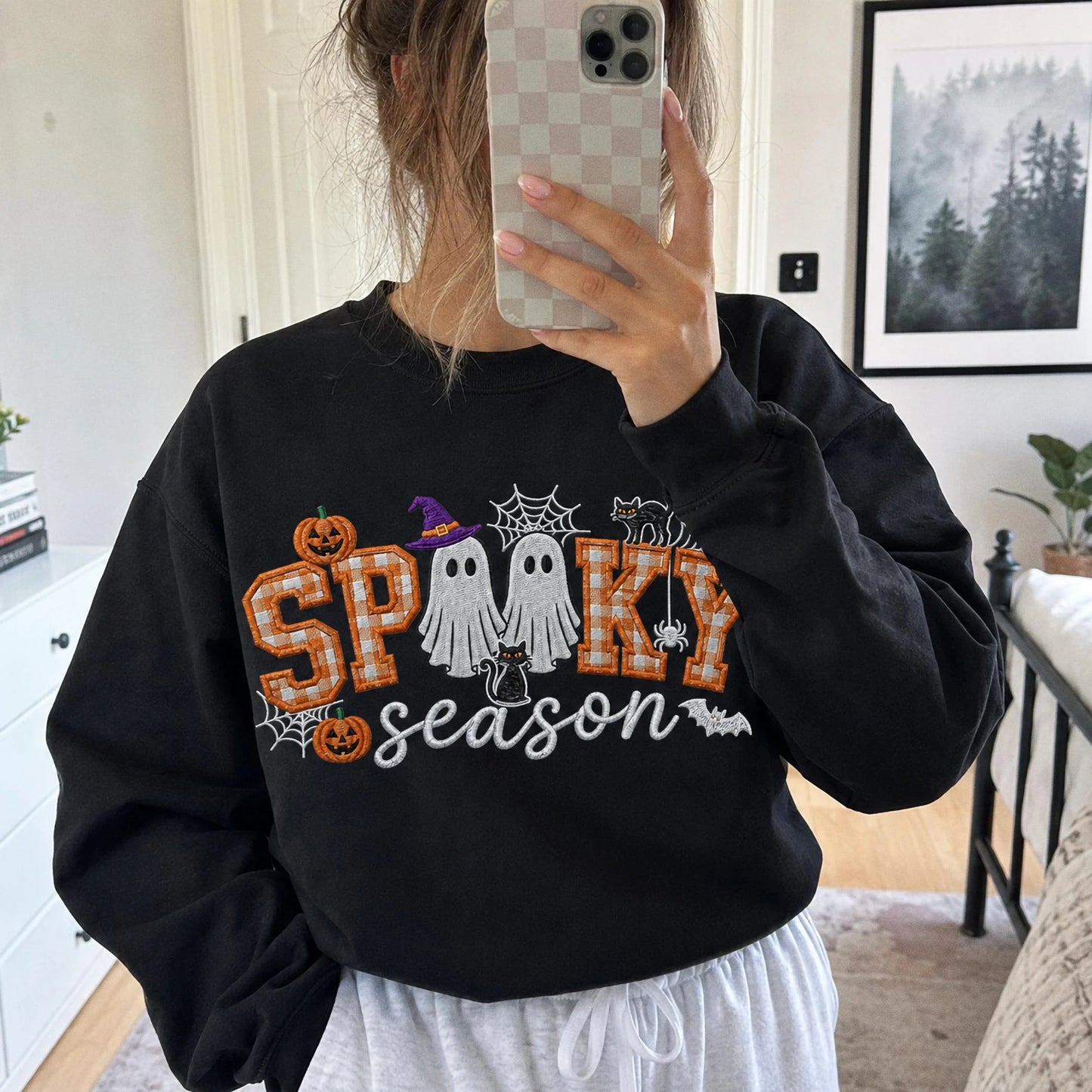 Spooky Season Embroidered Sweatshirt, Coquette Halloween Crewneck, Cute Ghost Cat Shirt, Cozy Fall Lover Gift, Witchy Aesthetic Hoodie