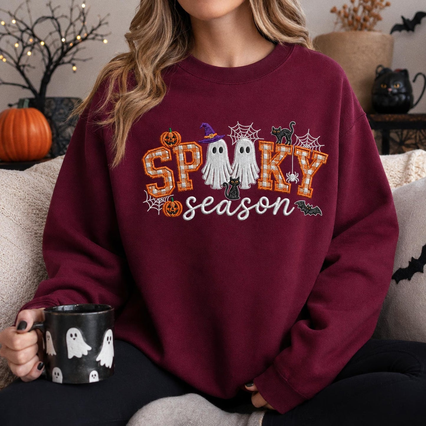 Spooky Season Embroidered Sweatshirt, Coquette Halloween Crewneck, Cute Ghost Cat Shirt, Cozy Fall Lover Gift, Witchy Aesthetic Hoodie
