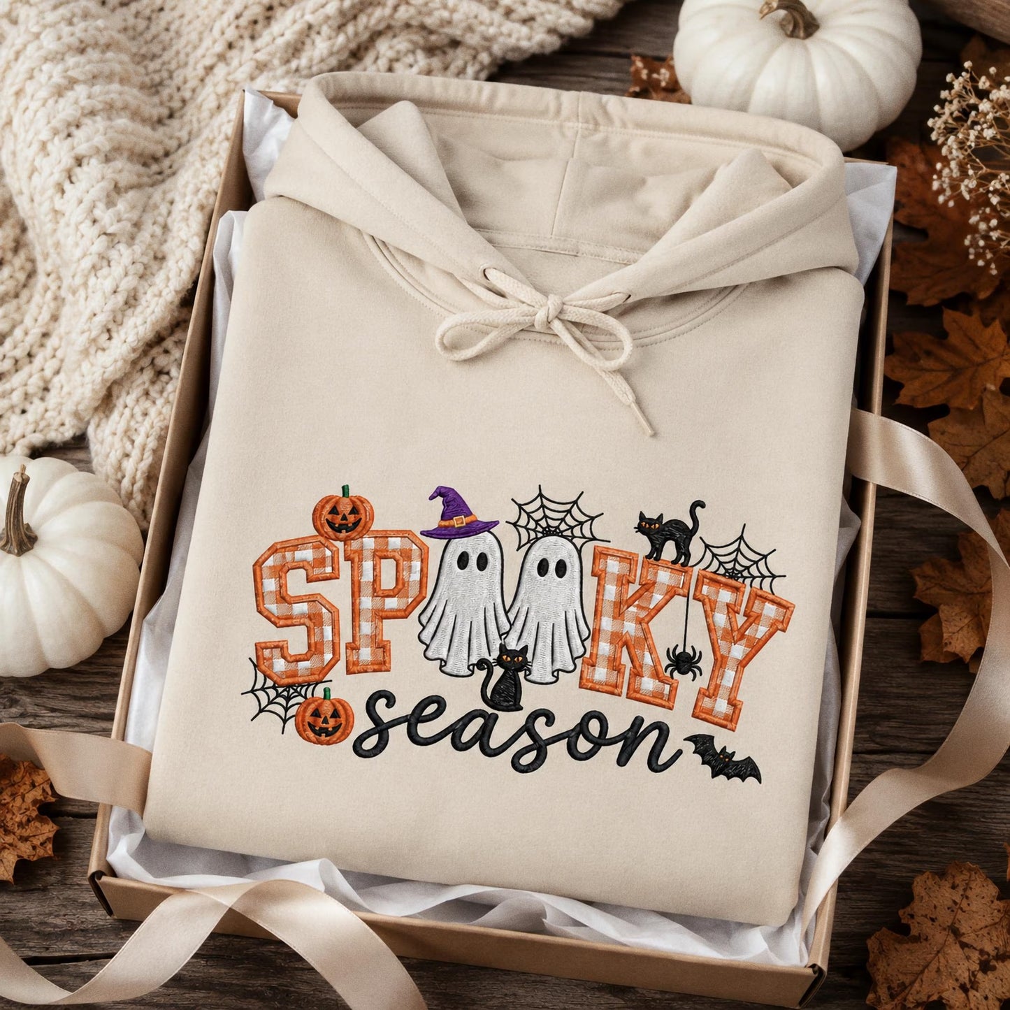 Spooky Season Embroidered Sweatshirt, Coquette Halloween Crewneck, Cute Ghost Cat Shirt, Cozy Fall Lover Gift, Witchy Aesthetic Hoodie