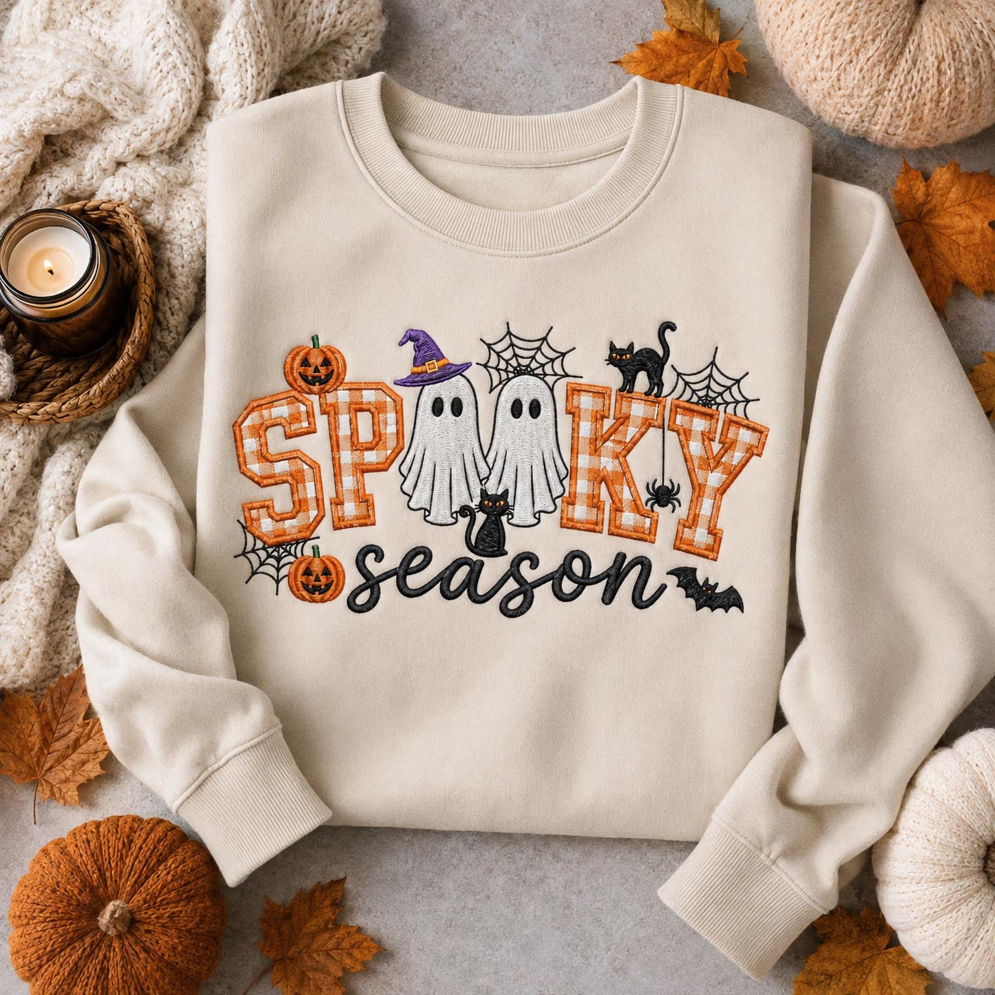 Spooky Season Embroidered Sweatshirt, Coquette Halloween Crewneck, Cute Ghost Cat Shirt, Cozy Fall Lover Gift, Witchy Aesthetic Hoodie