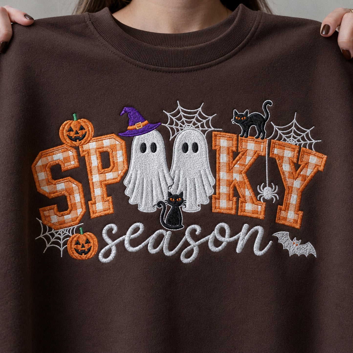 Spooky Season Embroidered Sweatshirt, Coquette Halloween Crewneck, Cute Ghost Cat Shirt, Cozy Fall Lover Gift, Witchy Aesthetic Hoodie