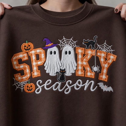 Spooky Season Embroidered Sweatshirt, Coquette Halloween Crewneck, Cute Ghost Cat Shirt, Cozy Fall Lover Gift, Witchy Aesthetic Hoodie