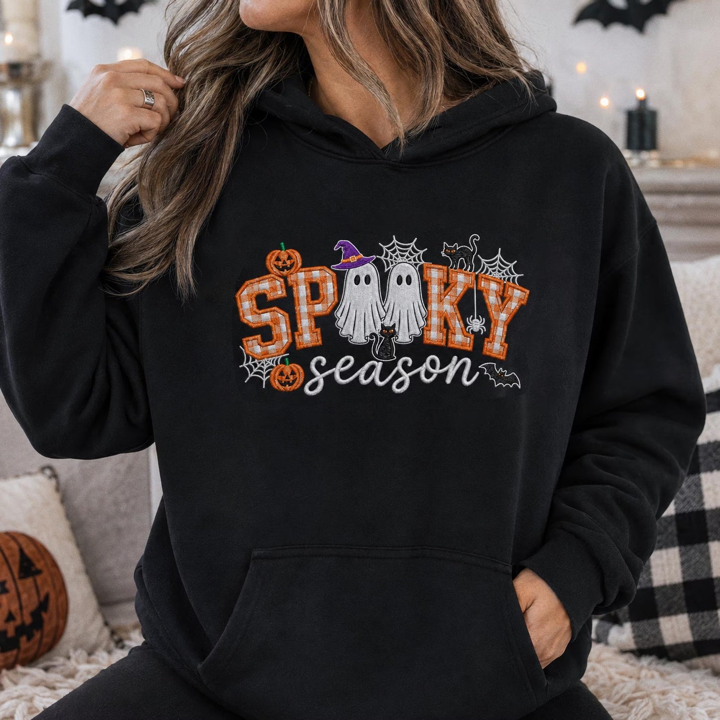 Spooky Season Embroidered Sweatshirt, Coquette Halloween Crewneck, Cute Ghost Cat Shirt, Cozy Fall Lover Gift, Witchy Aesthetic Hoodie