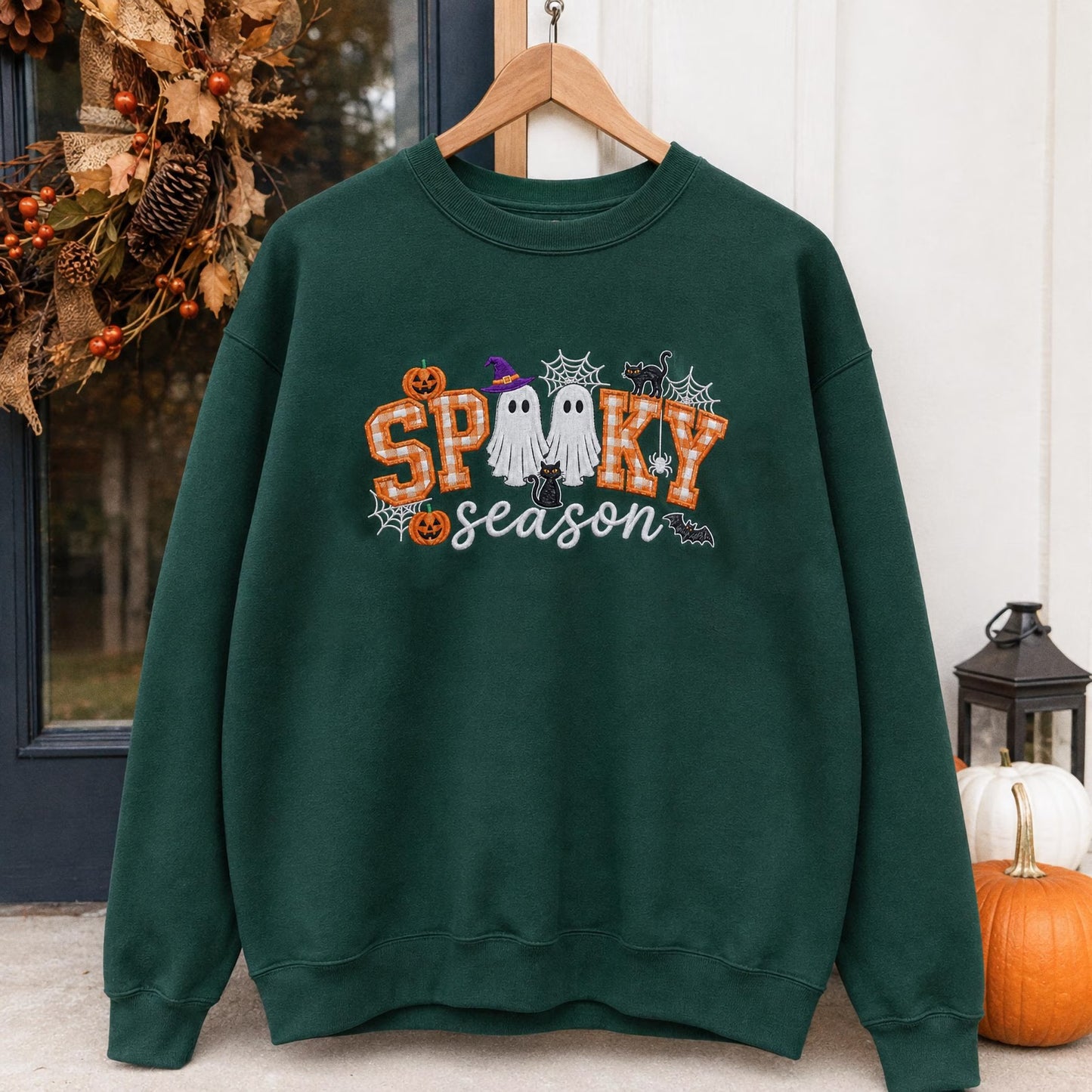 Spooky Season Embroidered Sweatshirt, Coquette Halloween Crewneck, Cute Ghost Cat Shirt, Cozy Fall Lover Gift, Witchy Aesthetic Hoodie