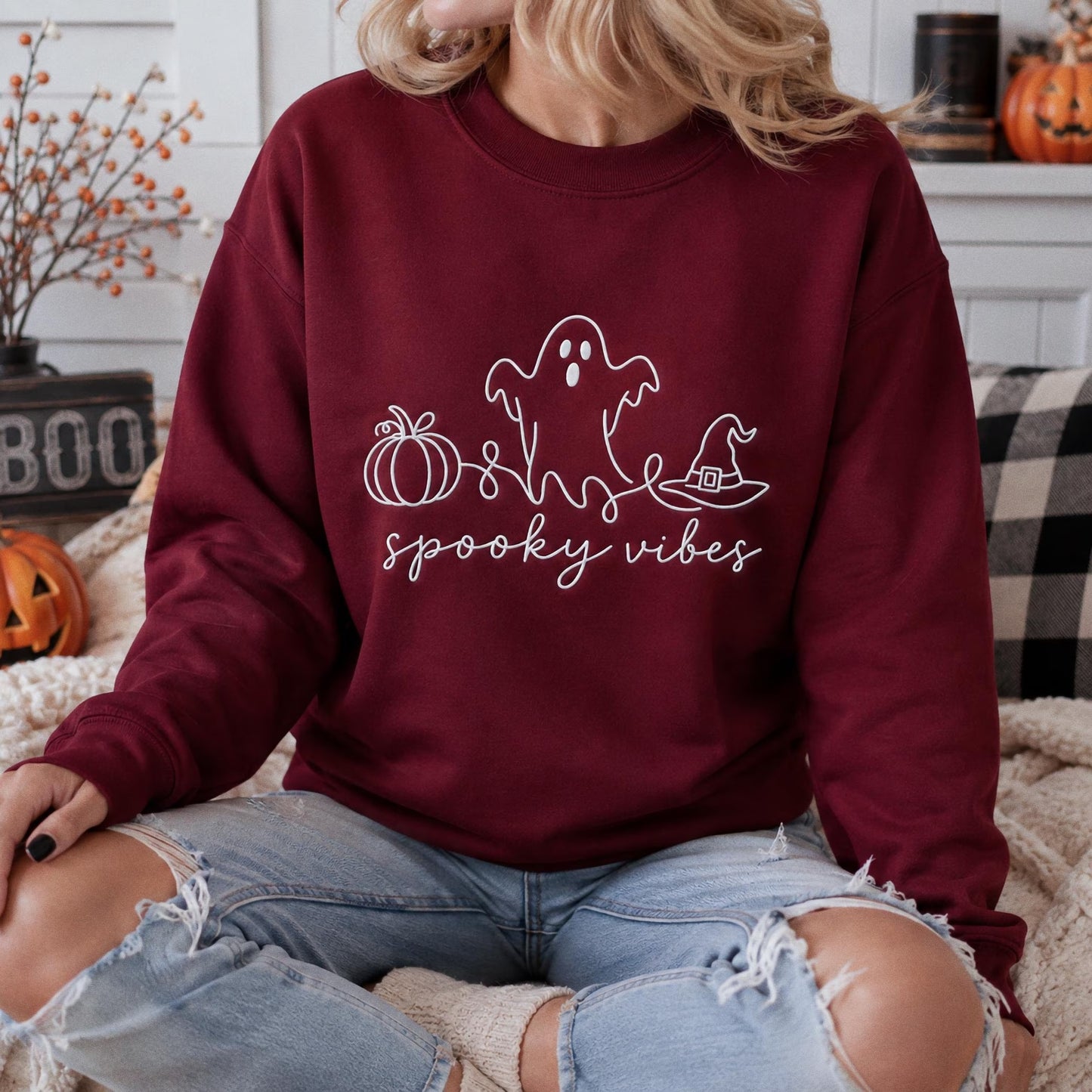 Spooky Season Embroidered Sweatshirt, Coquette Halloween Crewneck, Cute Ghost Cat Shirt, Cozy Fall Lover Gift, Witchy Aesthetic Hoodie (Copy)