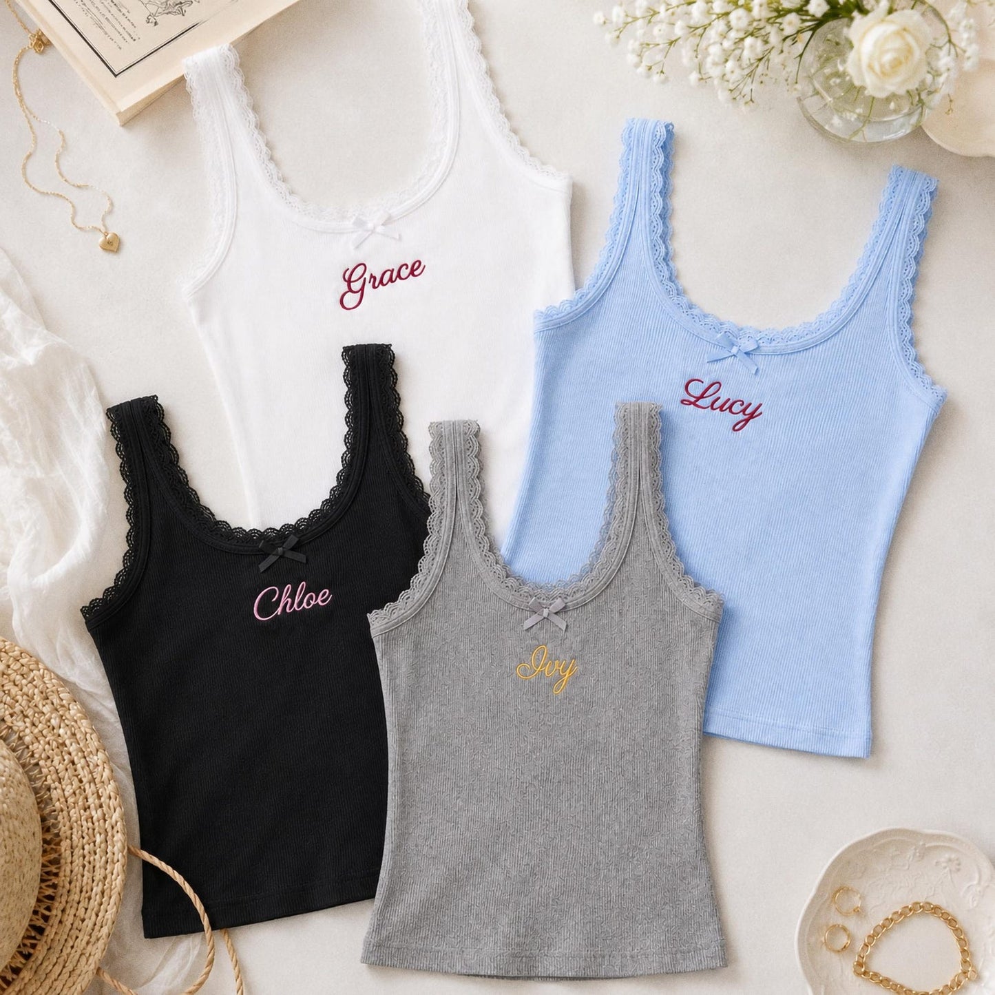 Personalized Embroidered Lace Tank Top, Custom Name Bridal Cami, Wedding Morning Outfit, Bachelorette Party Gift, Bride To Be Shirt