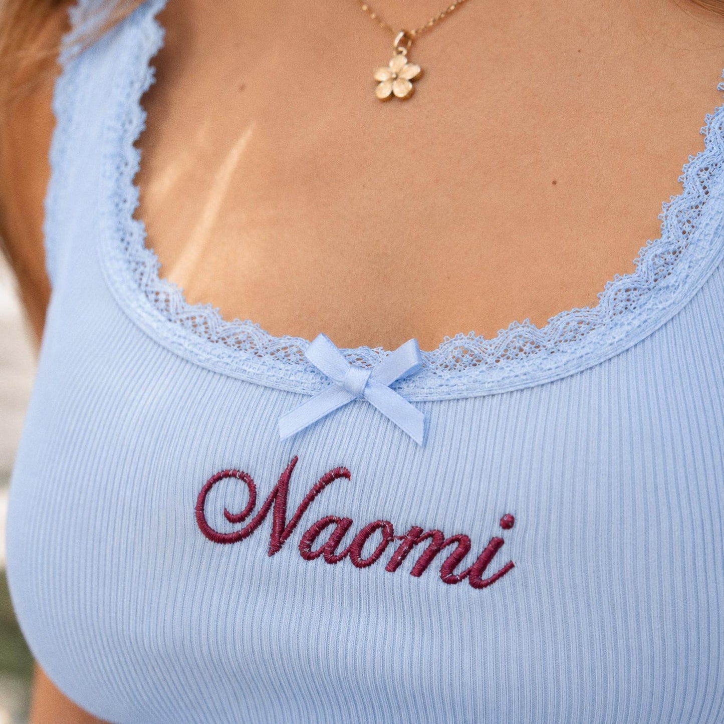 Personalized Embroidered Lace Tank Top, Custom Name Bridal Cami, Wedding Morning Outfit, Bachelorette Party Gift, Bride To Be Shirt