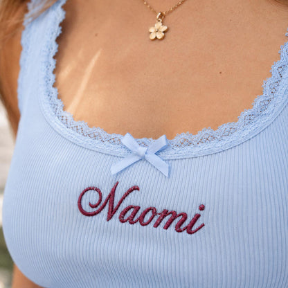 Personalized Embroidered Lace Tank Top, Custom Name Bridal Cami, Wedding Morning Outfit, Bachelorette Party Gift, Bride To Be Shirt