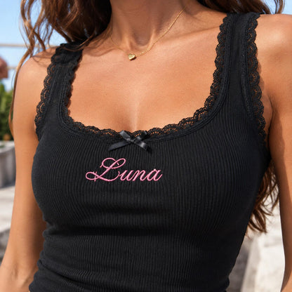 Personalized Embroidered Lace Tank Top, Custom Name Bridal Cami, Wedding Morning Outfit, Bachelorette Party Gift, Bride To Be Shirt