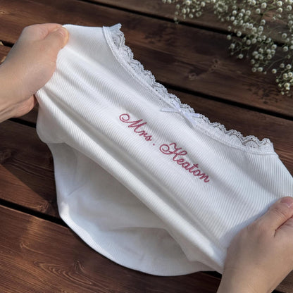 Personalized Embroidered Lace Tank Top, Custom Name Bridal Cami, Wedding Morning Outfit, Bachelorette Party Gift, Bride To Be Shirt