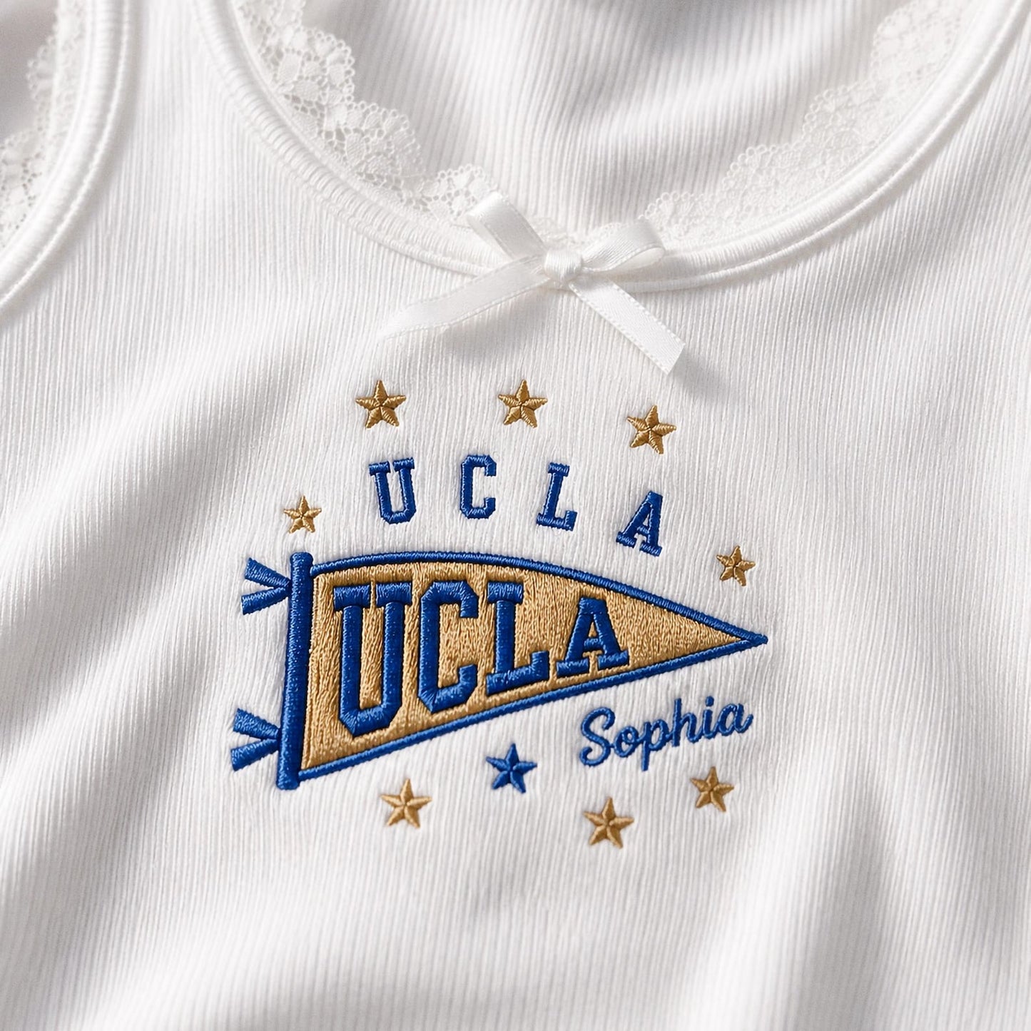 Custom Embroidered College Lace Tank Top, Personalized University Pennant Baby Tee, Coquette Aesthetic School Spirit Game Day Crop Top