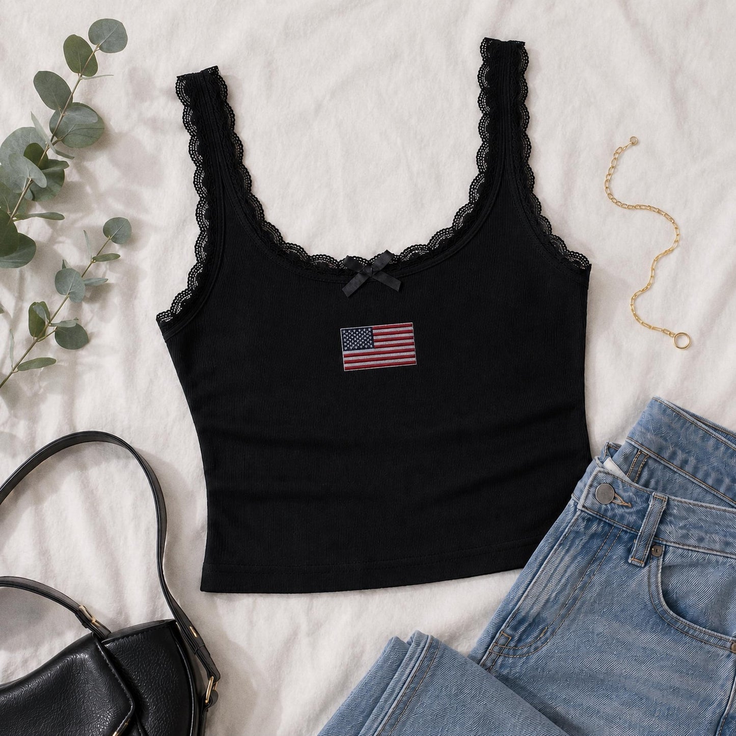 Custom Country Flag Embroidered Lace Tank Top, Personalized National Flag Cami, Heritage Pride Embroidery Tank, Coquette Lace Top