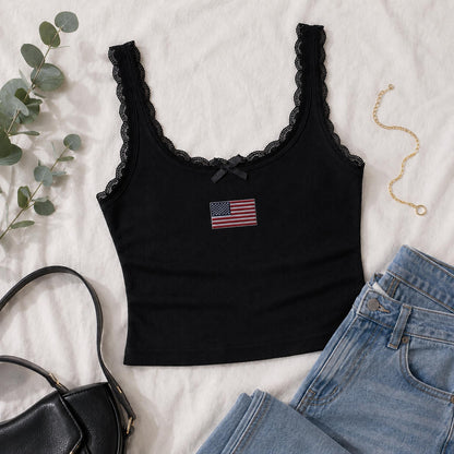 Custom Country Flag Embroidered Lace Tank Top, Personalized National Flag Cami, Heritage Pride Embroidery Tank, Coquette Lace Top