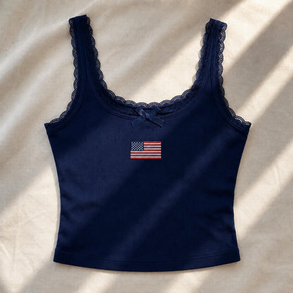 Custom Country Flag Embroidered Lace Tank Top, Personalized National Flag Cami, Heritage Pride Embroidery Tank, Coquette Lace Top