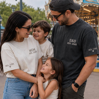 Custom Embroidered Mom Dad Shirt, Personalized Kids Names on Sleeve, Comfort Colors Matching Couple Tee, New Parent Gift, Father's Day Gift