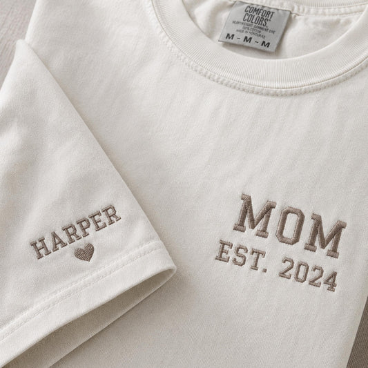 Custom Embroidered Mom and Dad Shirt, Personalized Kids Names Sleeve, Comfort Colors Tee, New Mom Dad Gift, First Father's Day, Family Gift