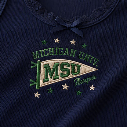 Custom Embroidered College Lace Tank Top, Personalized University Pennant Baby Tee, Coquette Aesthetic School Spirit Game Day Crop Top