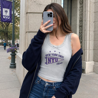 Custom Embroidered College Lace Tank Top, Personalized University Pennant Baby Tee, Coquette Aesthetic School Spirit Game Day Crop Top