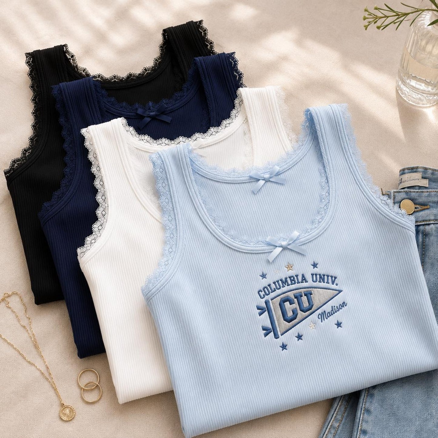 Custom Embroidered College Lace Tank Top, Personalized University Pennant Baby Tee, Coquette Aesthetic School Spirit Game Day Crop Top