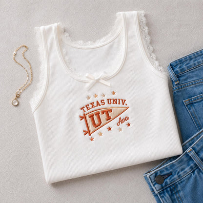 Custom Embroidered College Lace Tank Top, Personalized University Pennant Baby Tee, Coquette Aesthetic School Spirit Game Day Crop Top