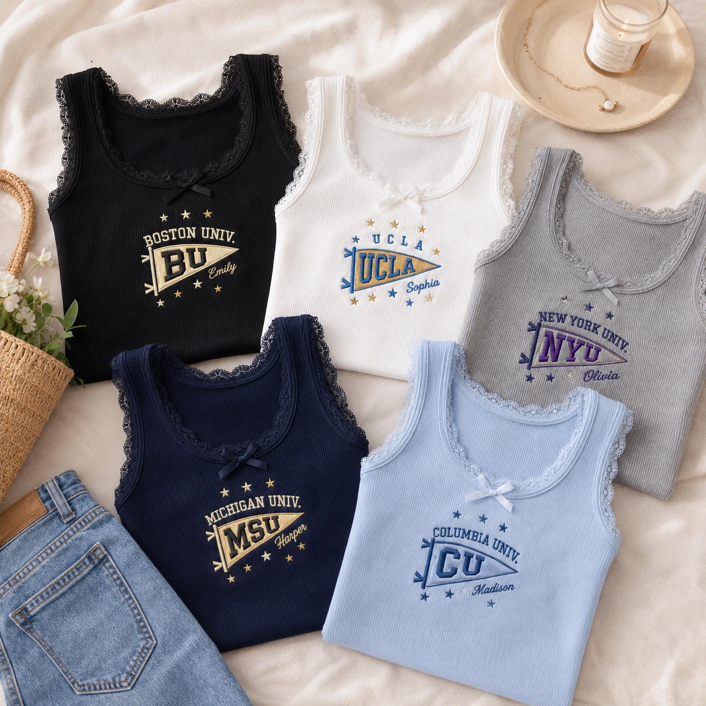 Custom Embroidered College Lace Tank Top, Personalized University Pennant Baby Tee, Coquette Aesthetic School Spirit Game Day Crop Top