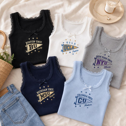 Custom Embroidered College Lace Tank Top, Personalized University Pennant Baby Tee, Coquette Aesthetic School Spirit Game Day Crop Top
