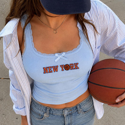New York Embroidered Tank Top, NYC Basketball Baby Tee, Y2K Sporty Aesthetic Shirt, Game Day Apparel, Gift for Her, Summer Crop Top
