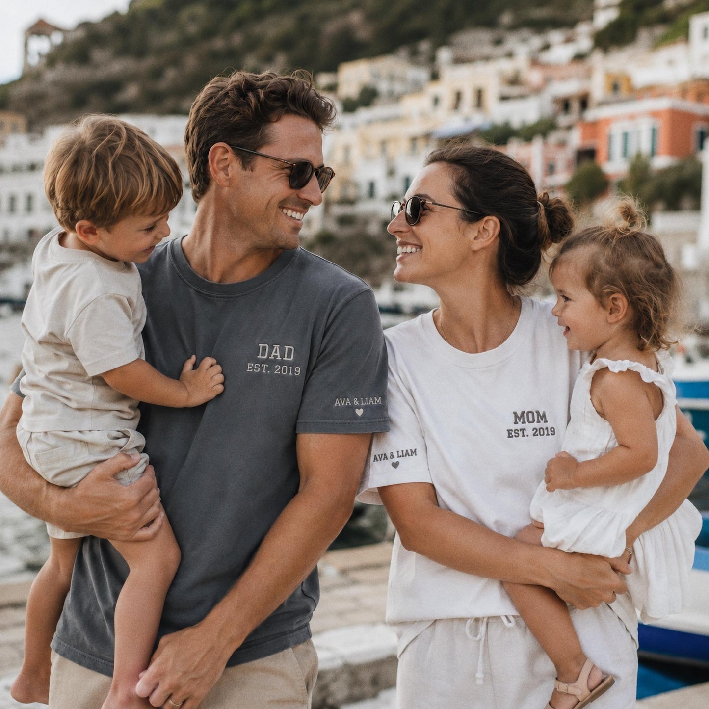 Custom Embroidered Mom Dad Shirt, Personalized Kids Names on Sleeve, Comfort Colors Matching Couple Tee, New Parent Gift, Father's Day Gift